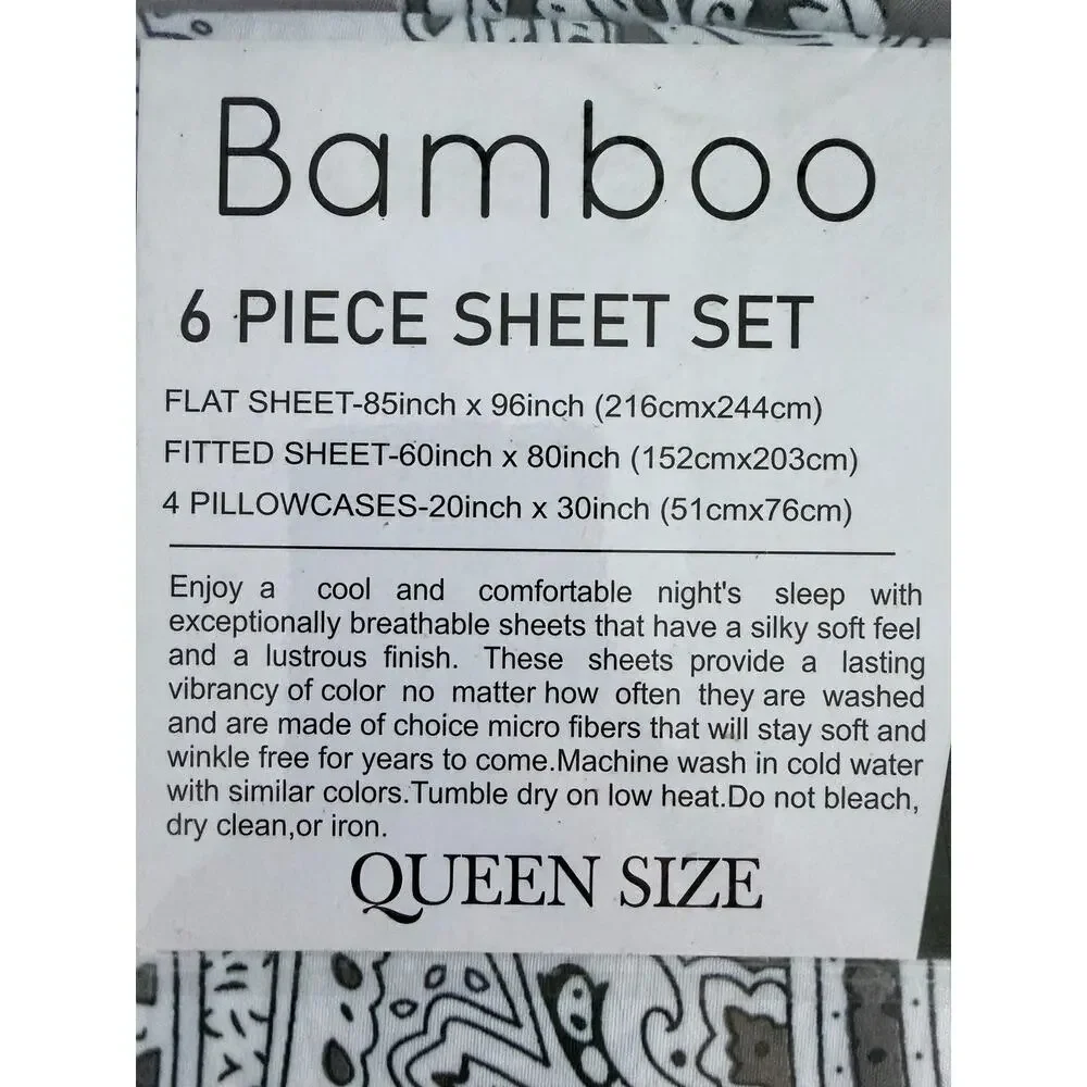 organic Home Bella Earth Bamboo Dark Gray/ White Queen Size 6 Piece Sheet Set